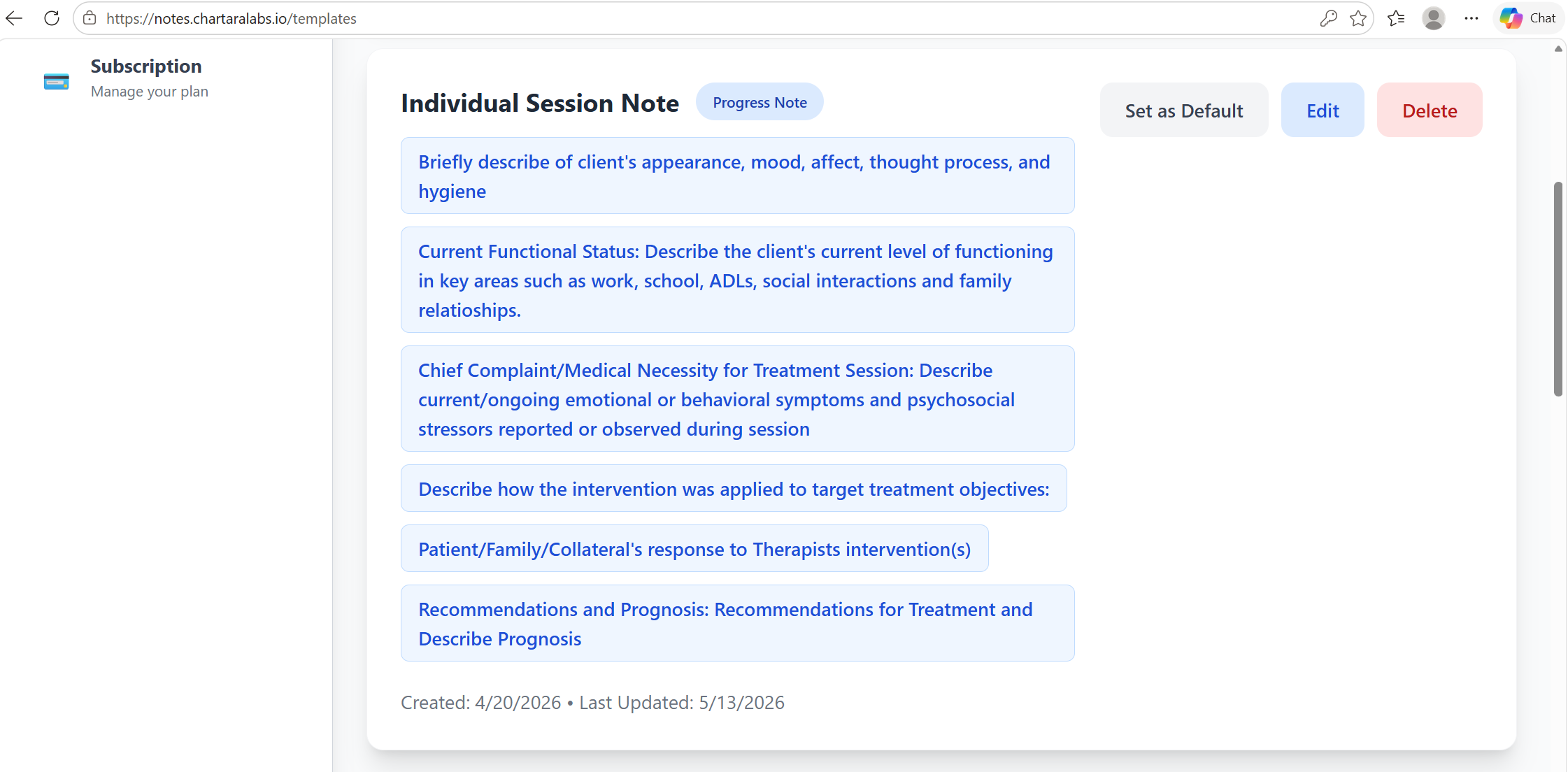 Custom Template — Individual Session Note