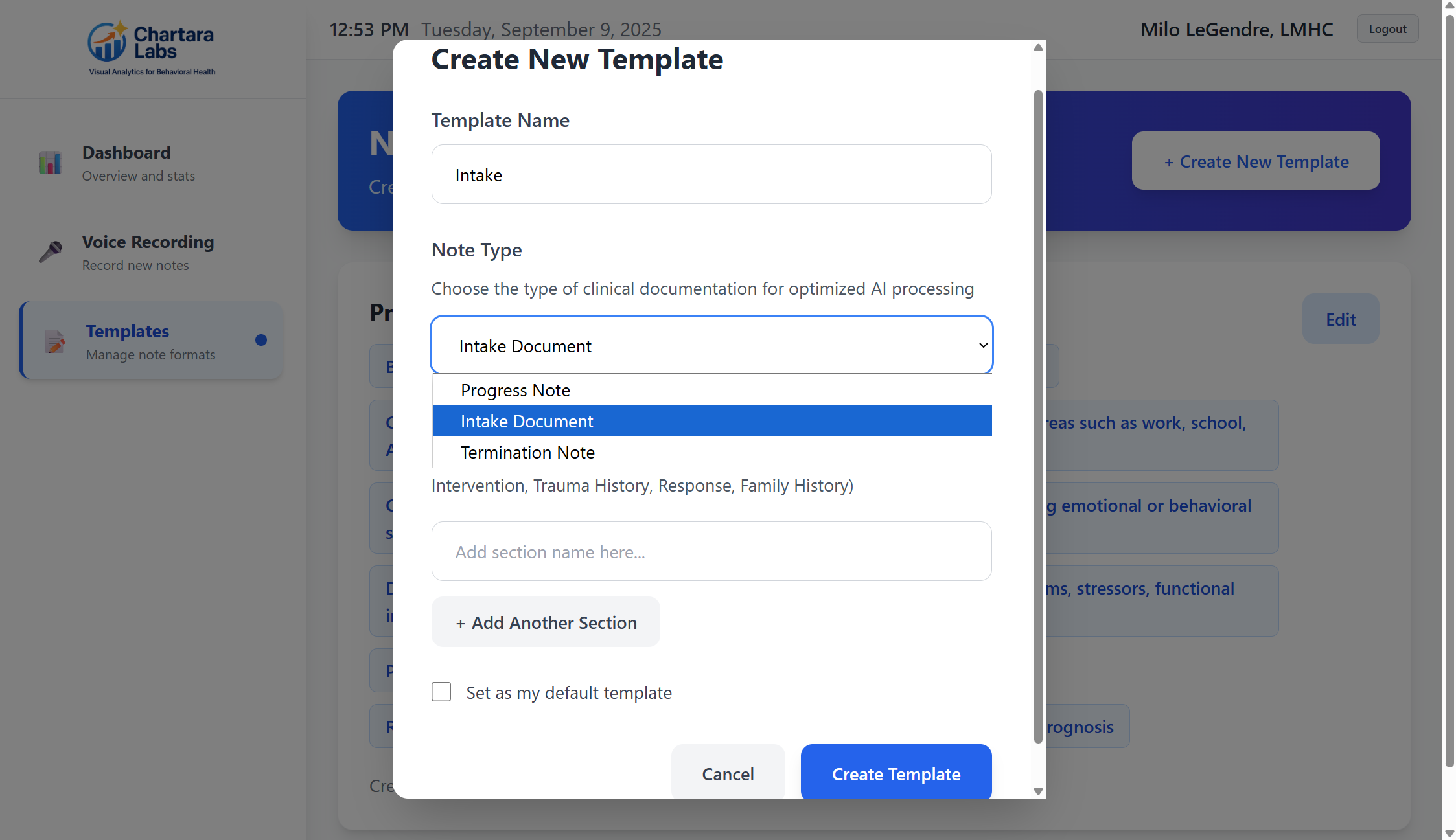 Chartara Notes Create New Template Interface