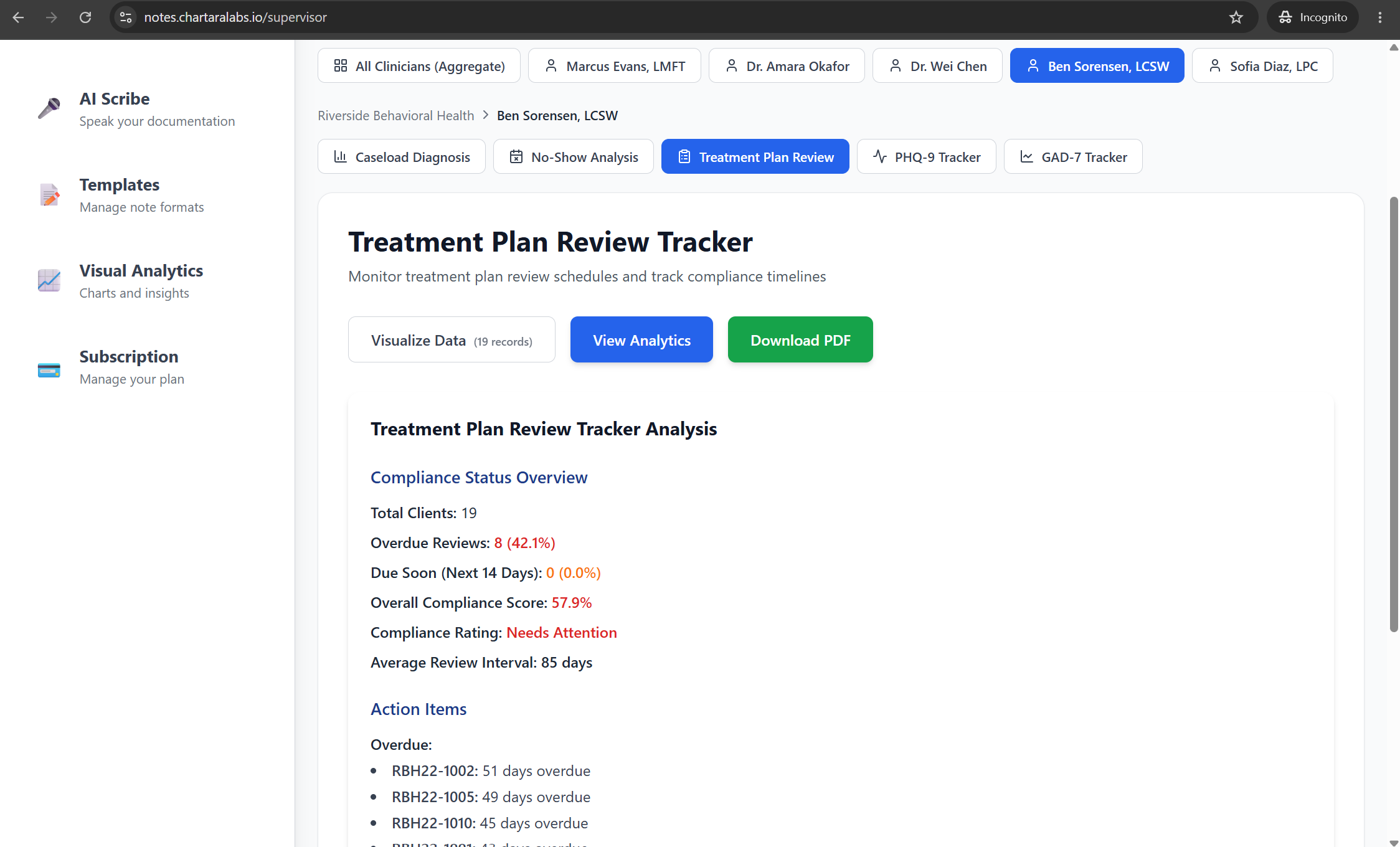 Clinician drill-down — treatment plan review analytics