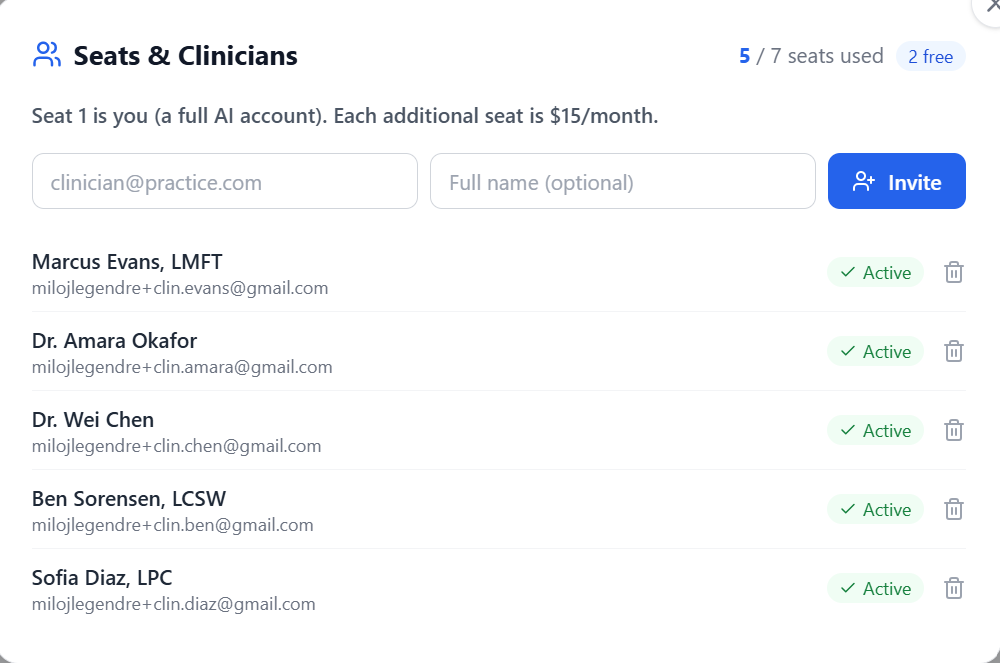 Manage Seats — invite and remove clinicians