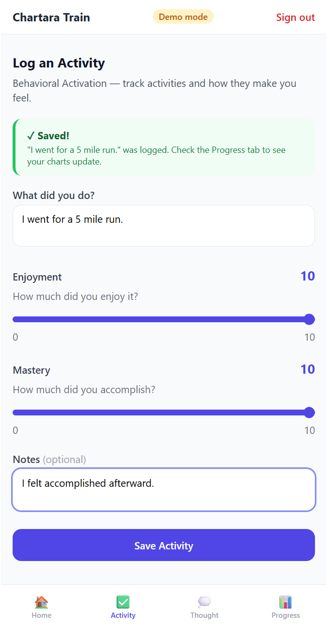 Client logs a behavioral activation activity